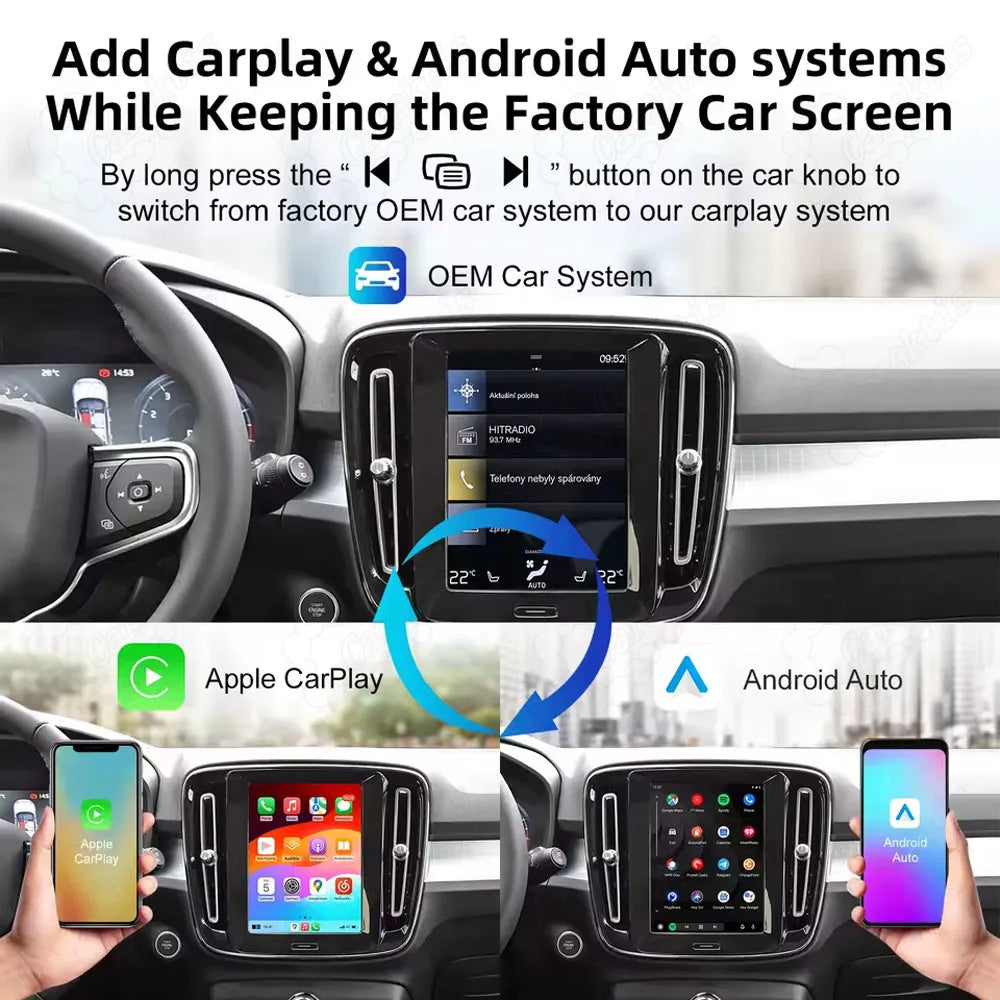 How to switch from Volvo OEM factory car system to Apple CarPlay and Android Auto by long pressing steering wheel button.