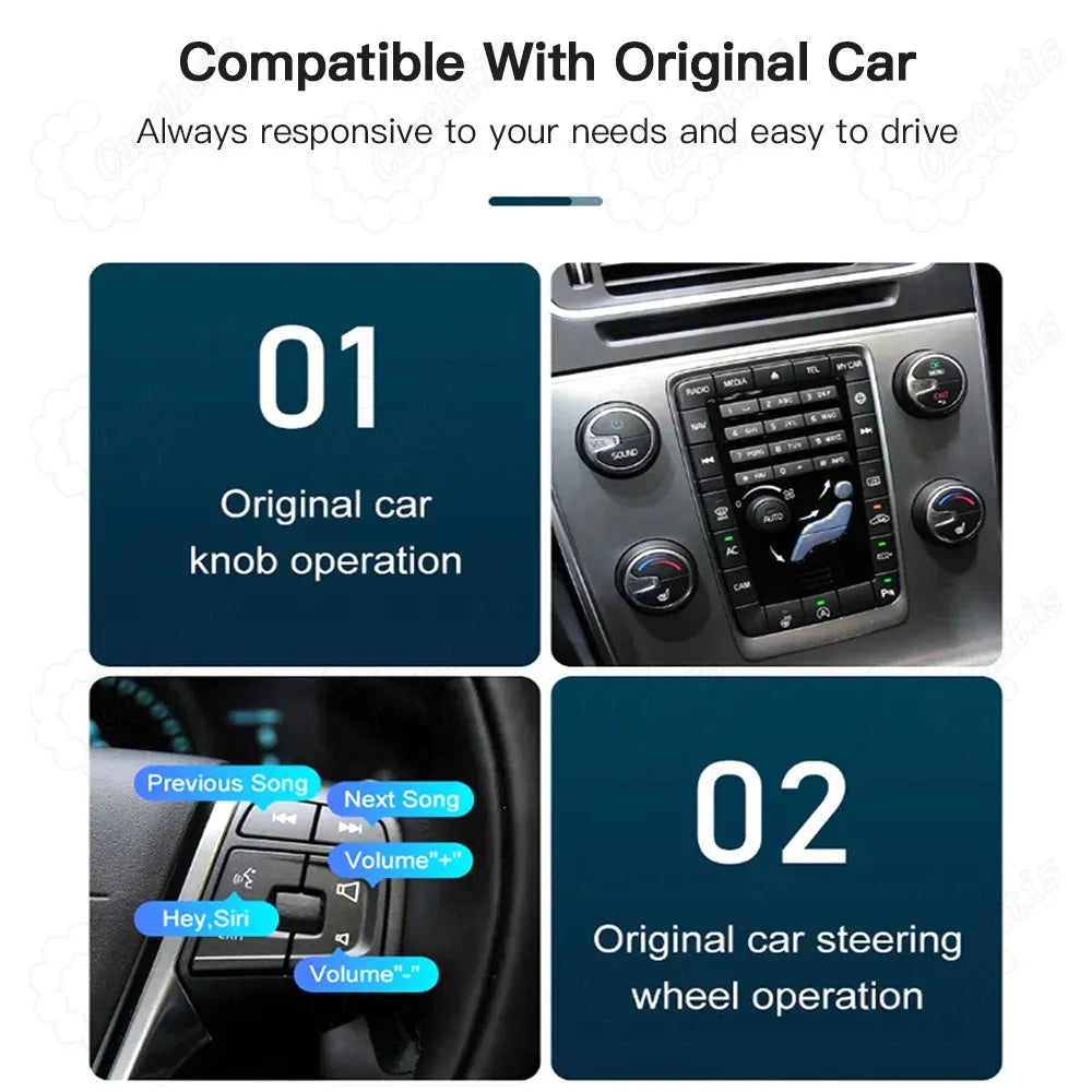 Compatibility feature showing Volvo original car knob operation and steering wheel buttons functionality for controlling songs, volume, and Siri voice commands.