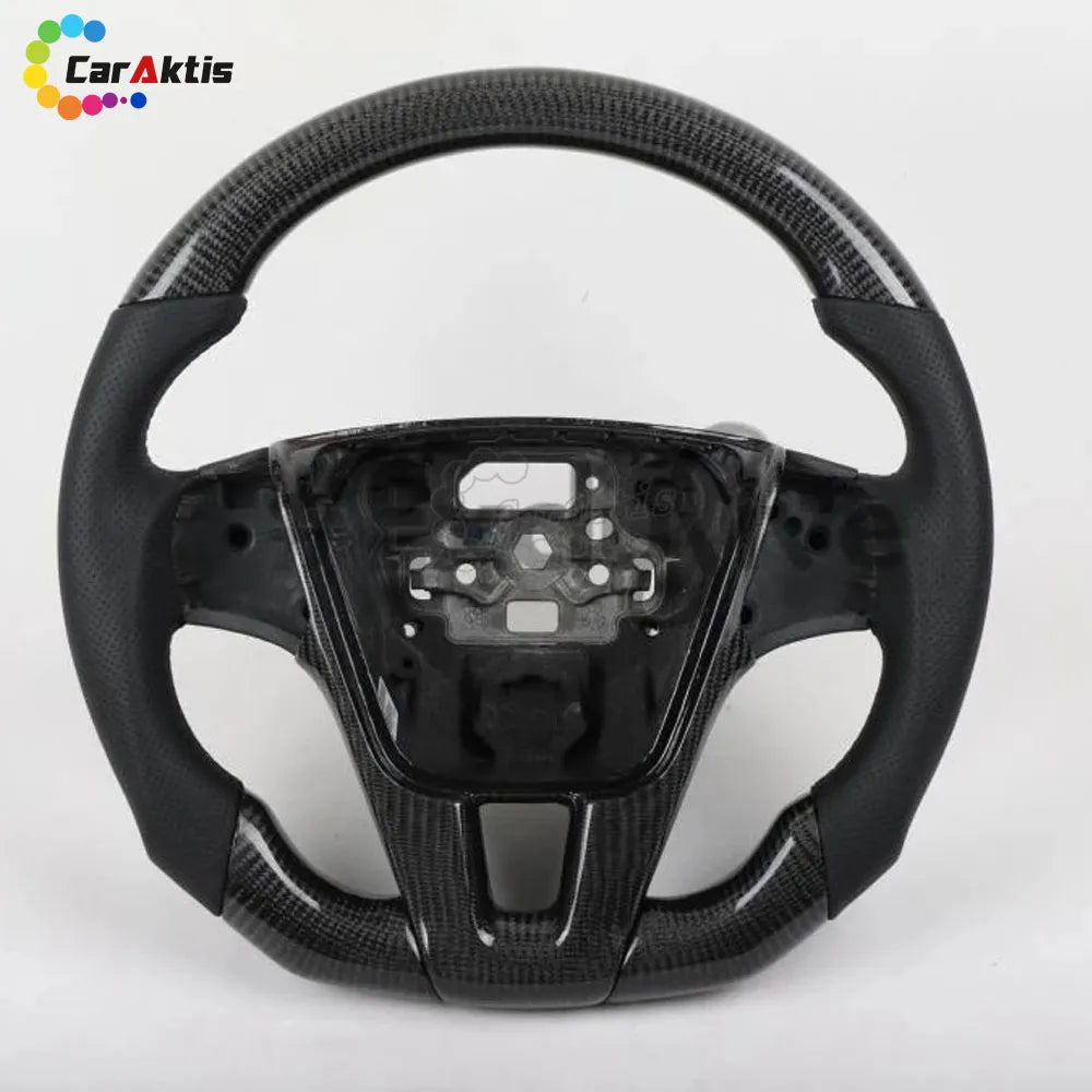 Volvo S60 V60 XC60 steering wheel upgrade with premium perforated leather grips and glossy carbon fiber top and bottom.