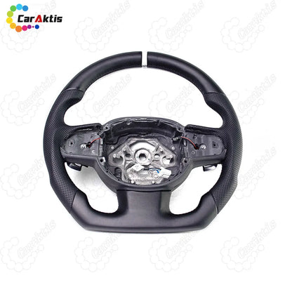 Premium perforated leather steering wheel for Volvo with white center marker and silver paddle shifter cutouts.