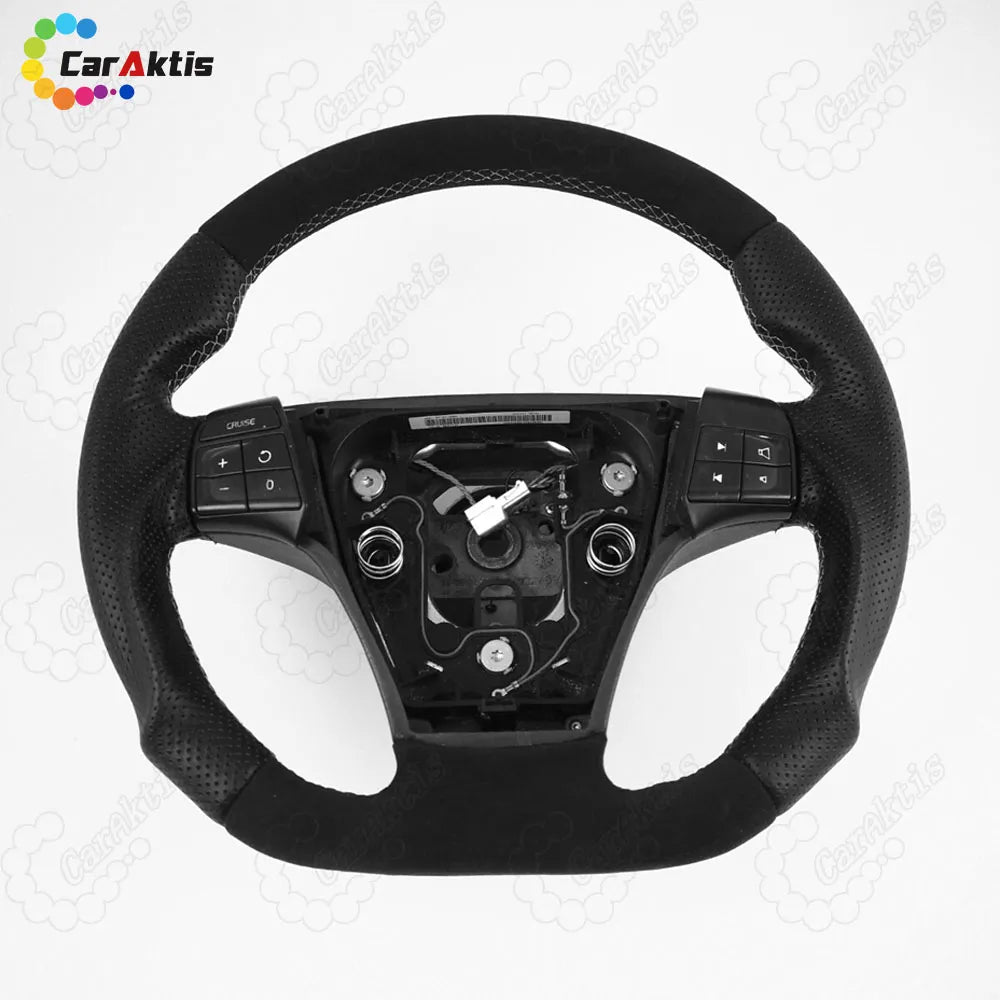 All-black custom steering wheel for Volvo S40 V50 with a mix of Alcantara suede and perforated leather and silver stitching.