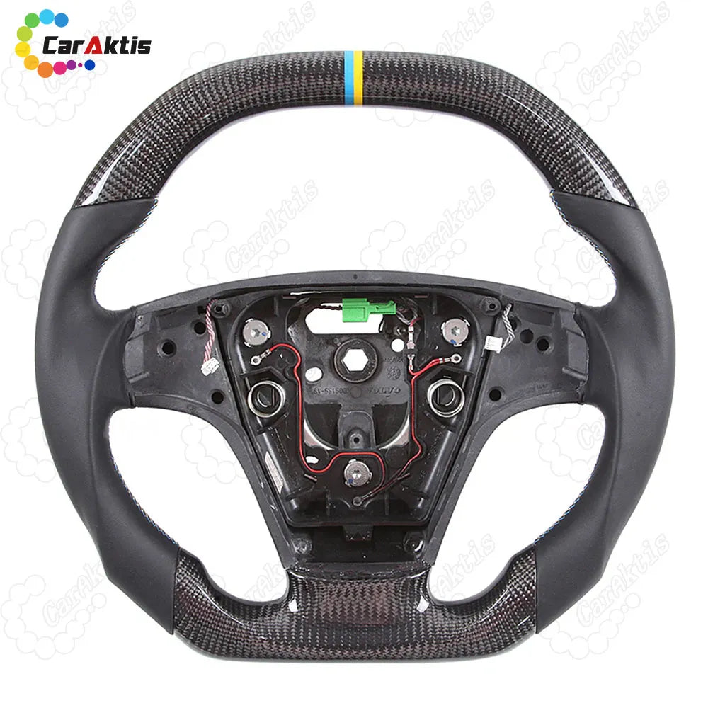 Custom carbon fiber steering wheel for 2005-2011 Volvo S40 V50 with blue and yellow center stripe and smooth leather grips.