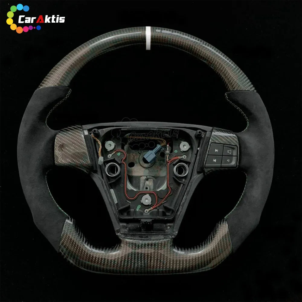 Premium matte carbon fiber steering wheel for Volvo S40 V50 featuring Alcantara suede grips and white center line.