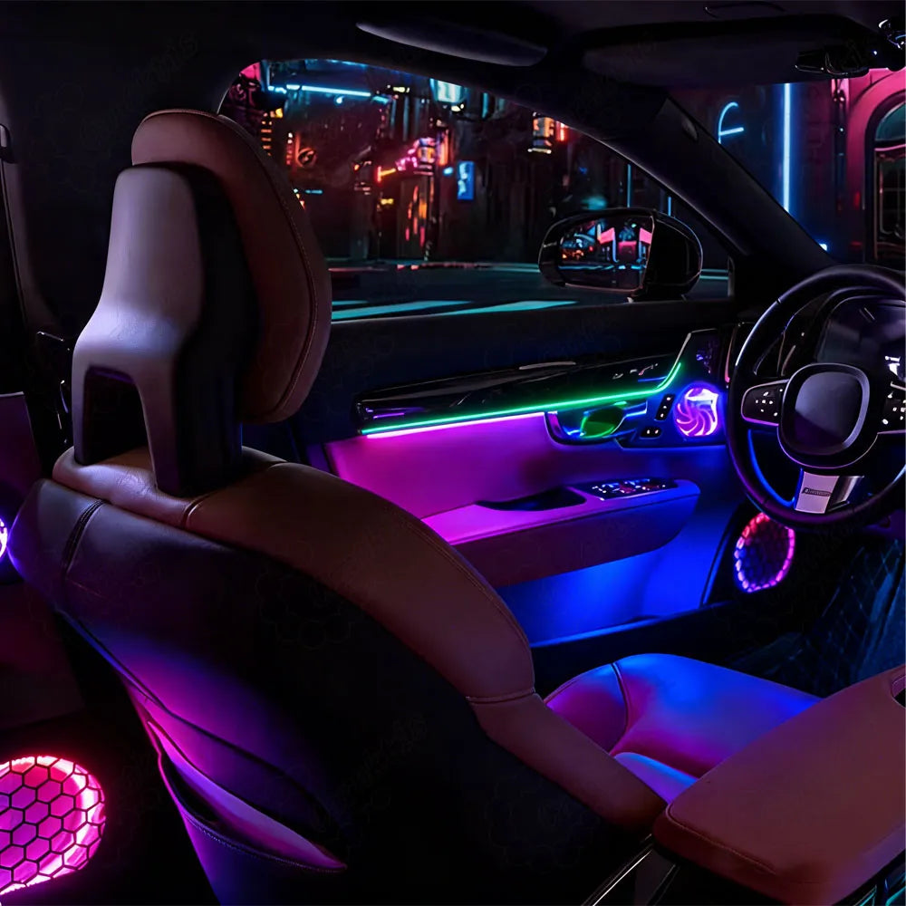 Elegant Scandinavian style interior ambient lighting kit showcasing an active multi-color colorway inside a Volvo S90.