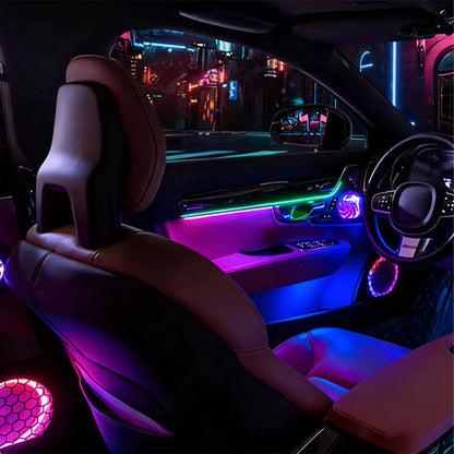 Elegant Scandinavian style interior ambient lighting kit showcasing an active multi-color colorway inside a Volvo S90.