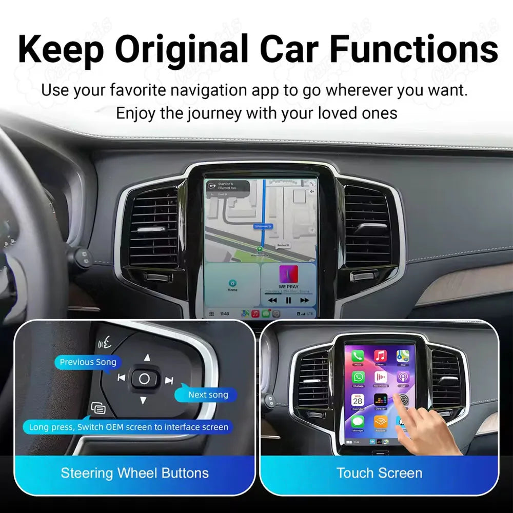 Controlling wireless CarPlay using Volvo steering wheel buttons for song switching and original center console touch screen.