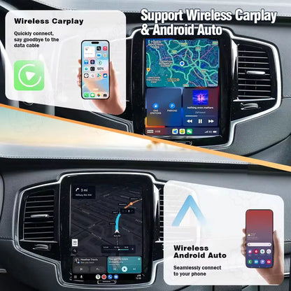 Wireless Apple CarPlay and Wireless Android Auto split screen navigation interface on Volvo factory touch screen.