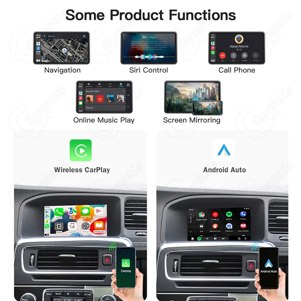 Product functions overview for Volvo CarPlay upgrade including online navigation, Siri voice control, phone calls, mobile music play, and smartphone screen mirroring.
