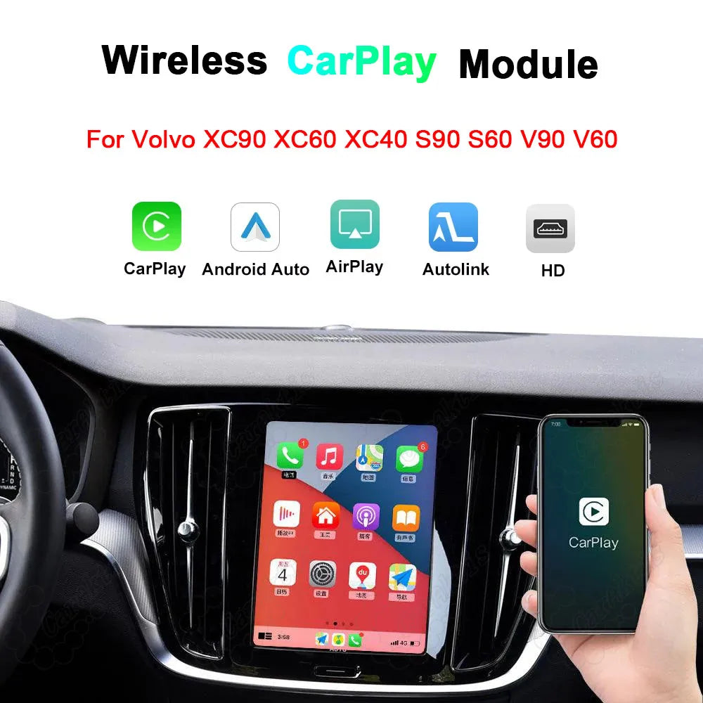 Wireless CarPlay and Android Auto retrofit module kit for Volvo XC90 XC60 XC40 S90 S60 V90 V60 dashboard display.