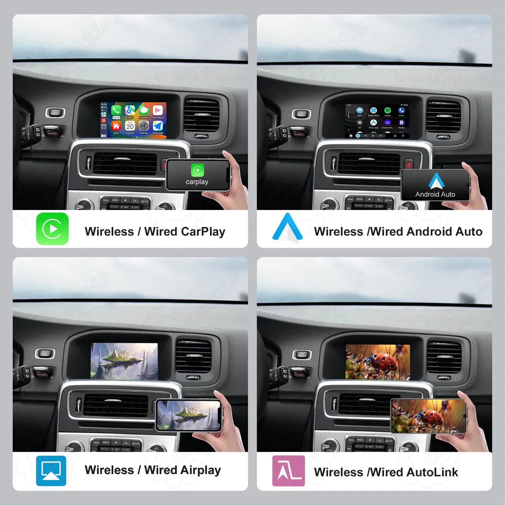 Demonstration of wireless and wired connections for Apple CarPlay, Android Auto, iPhone AirPlay, and Android AutoLink on a Volvo car display screen.