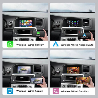 Demonstration of wireless and wired connections for Apple CarPlay, Android Auto, iPhone AirPlay, and Android AutoLink on a Volvo car display screen.