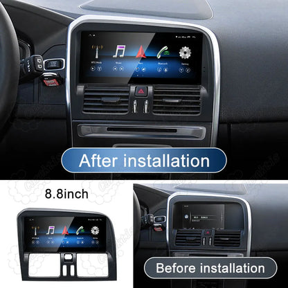 Before and after installation comparison of 8.8-inch touchscreen display on Volvo XC60 dashboard