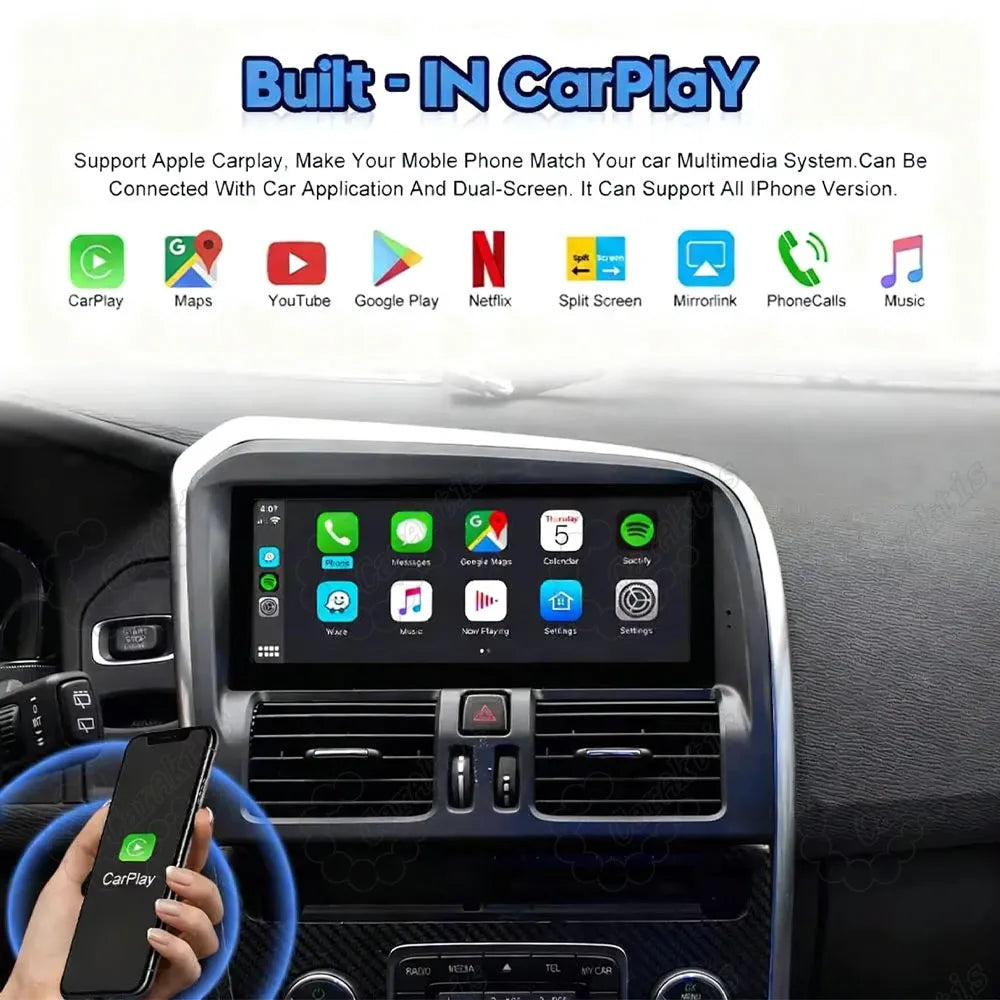 Built-in wireless Apple CarPlay interface on Volvo XC60 head unit displaying navigation and apps