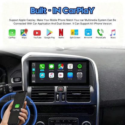 Built-in wireless Apple CarPlay interface on Volvo XC60 head unit displaying navigation and apps