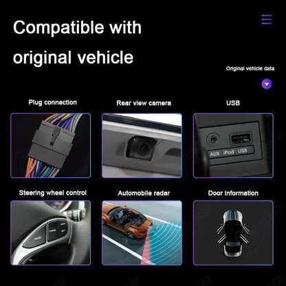 Compatible with original vehicle features including steering wheel control, radar, rear view camera, and USB ports