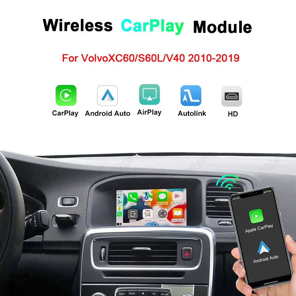 Wireless Apple CarPlay and Android Auto upgrade module for Volvo XC60, S60L, and V40 models from 2010 to 2019, showing smart interface on car dashboard screen.