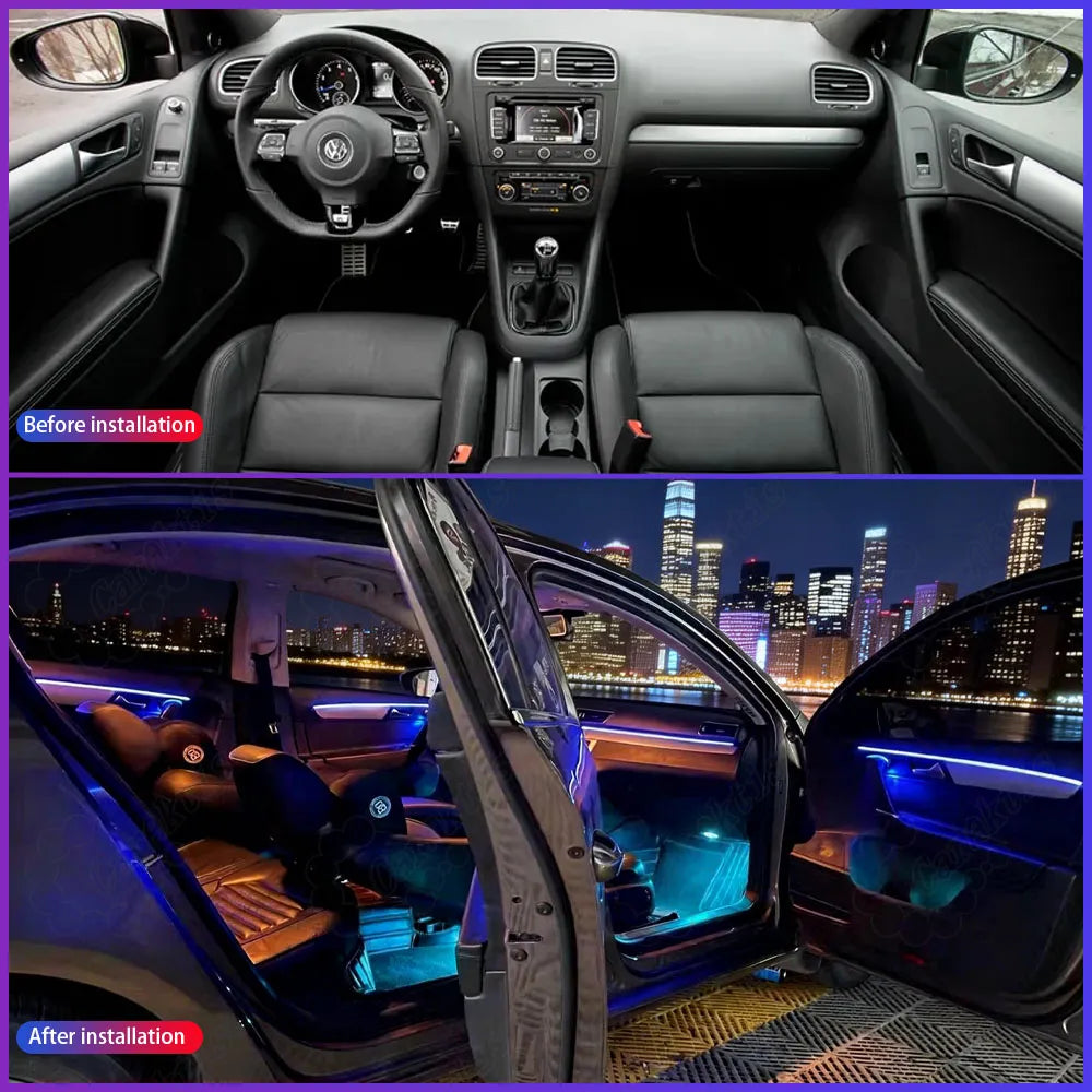 Before and after installation comparison of the dynamic LED atmosphere light strip upgrade inside a VW Golf MK6 cabin.