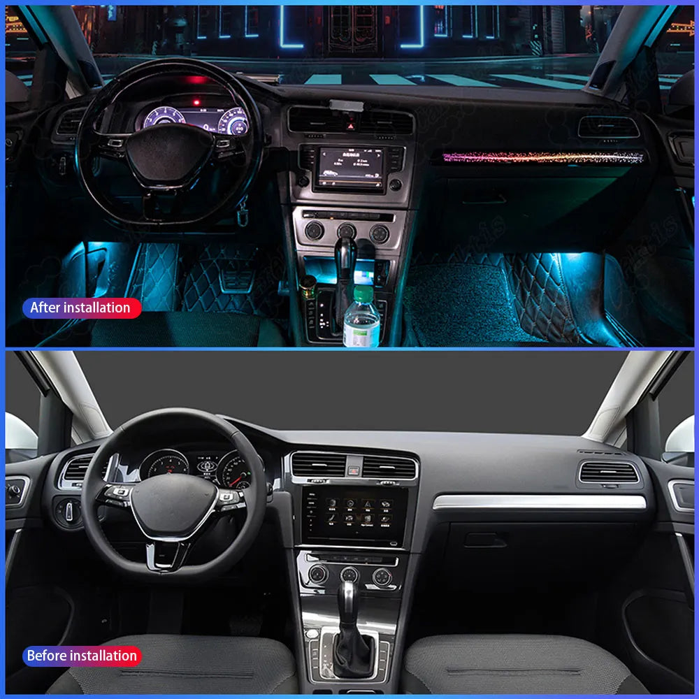 A before and after installation comparison of CarAkits LED ambient lighting in a VW Golf 7 cabin. The top image shows the upgraded interior illuminated with dynamic Symphony light strips, while the bottom image shows the dim, dark factory original interior.