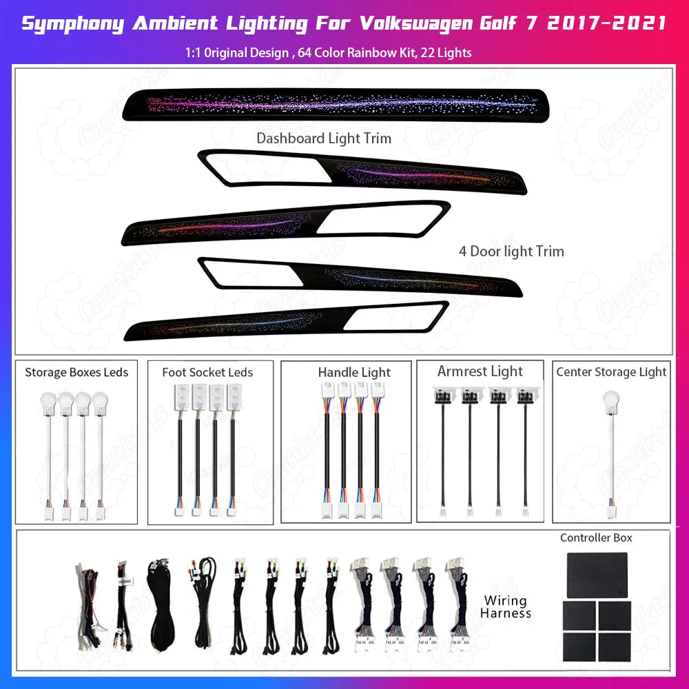Product kit overview on a pure white background showing the CarAkits Galaxy style LED ambient lighting for VW Golf 7, featuring the starry nebula replacement panels and complete plug-and-play wiring harness.