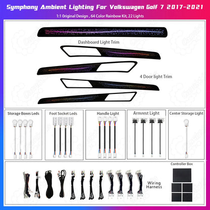 Product kit overview on a pure white background showing the CarAkits Galaxy style LED ambient lighting for VW Golf 7, featuring the starry nebula replacement panels and complete plug-and-play wiring harness.