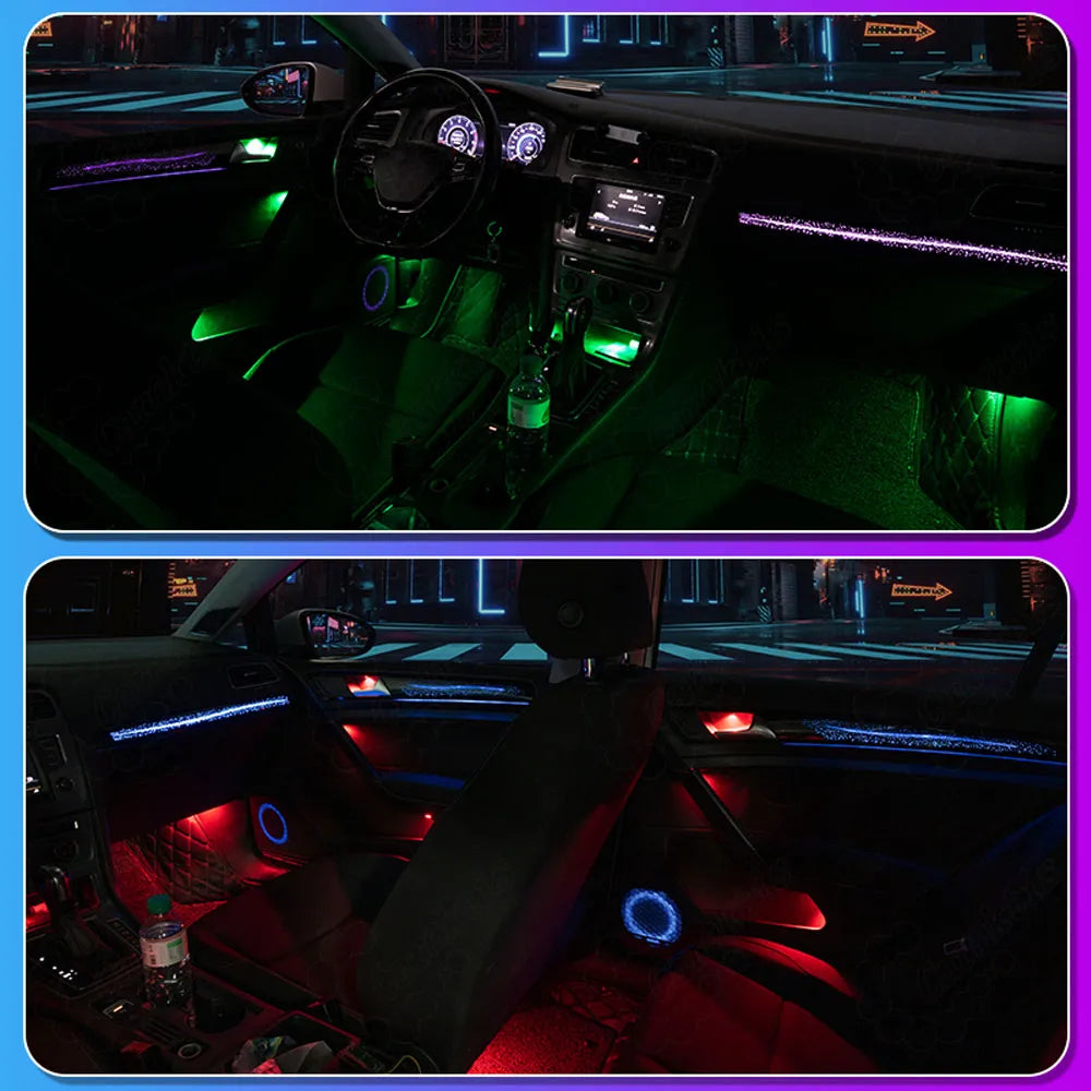 Interior lighting display of the Galaxy pattern style LED ambient light strip for Volkswagen Golf 7, featuring a dynamic starry nebula effect with glowing blue and purple colors. Bring the cosmos into your cockpit. The Galaxy Style creates a breathtaking, starry nebula effect across your dashboard and doors.