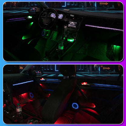 Interior lighting display of the Galaxy pattern style LED ambient light strip for Volkswagen Golf 7, featuring a dynamic starry nebula effect with glowing blue and purple colors. Bring the cosmos into your cockpit. The Galaxy Style creates a breathtaking, starry nebula effect across your dashboard and doors.