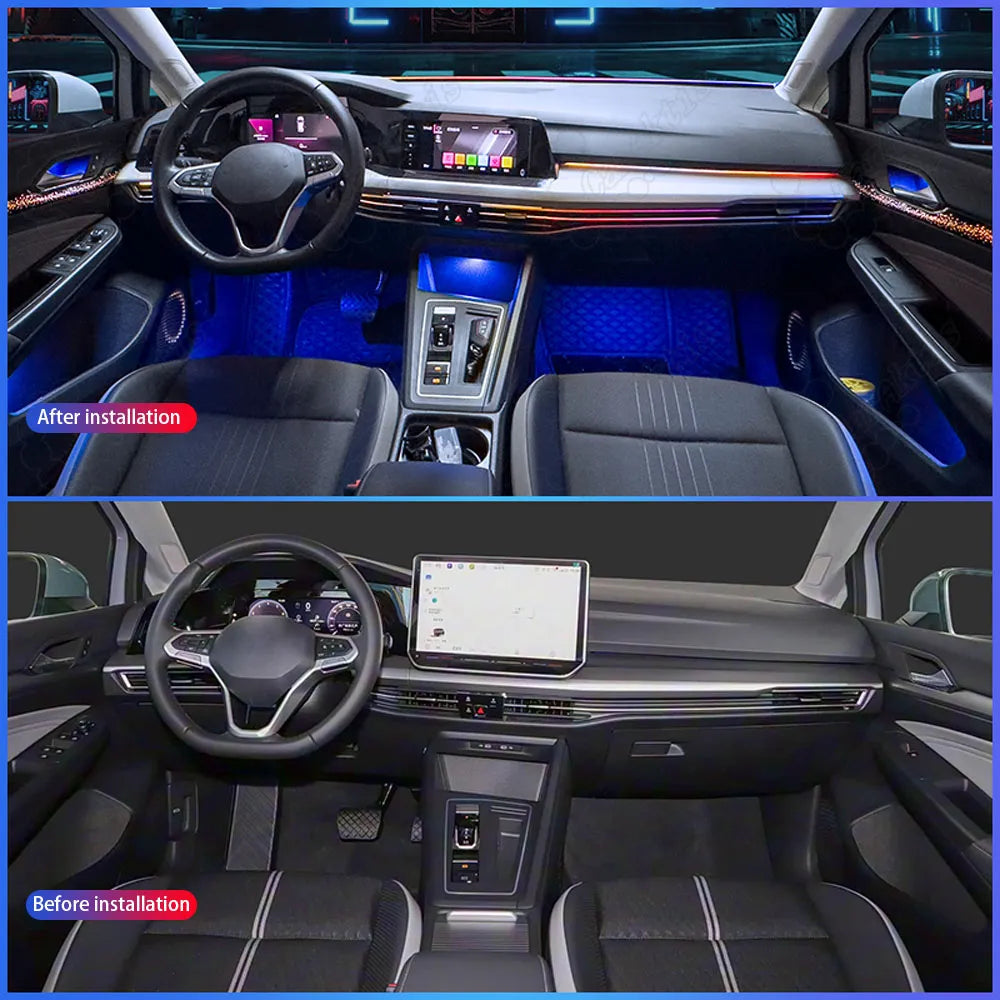 Split screen comparison of a VW Golf 8 dashboard before and after the ambient light upgrade, showing the transition from a dark factory cabin to a vibrant, custom-lit interior.