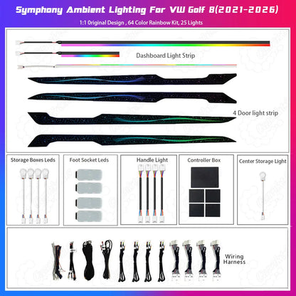 A clear product package list photo on a white background, displaying all components of the Ribbon Starry Sky Symphony Ambient Light Kit for Volkswagen Golf 8, including fiber optic bundles, dashboard trims, control boxes, and wiring harnesses with bilingual labels.