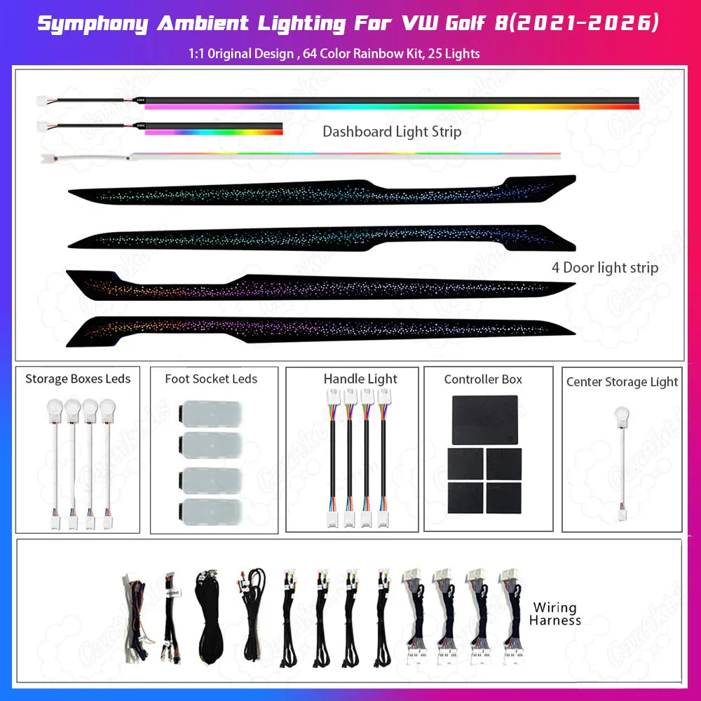 A clean, top-down product package list photo on a pure white background, showing all components of the Caraktis Starry Sky Symphony Ambient Light Kit for Volkswagen Golf 8, including fiber optic cables, LED light strips, main control boxes, and wiring harnesses.
