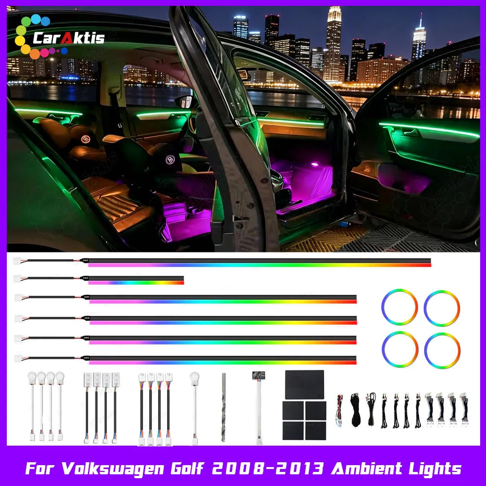 Premium 64-color Symphony LED ambient lighting upgrade for VW Golf 6 2008-2013 interior dashboard and doors.