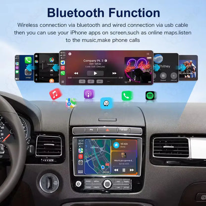 Bluetooth and USB cable connection interface displaying online maps, music streaming, and phone calls on VW Touareg.