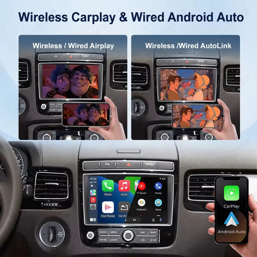 Wireless and wired Airplay and AutoLink screen mirroring features on Volkswagen Touareg dashboard screen.