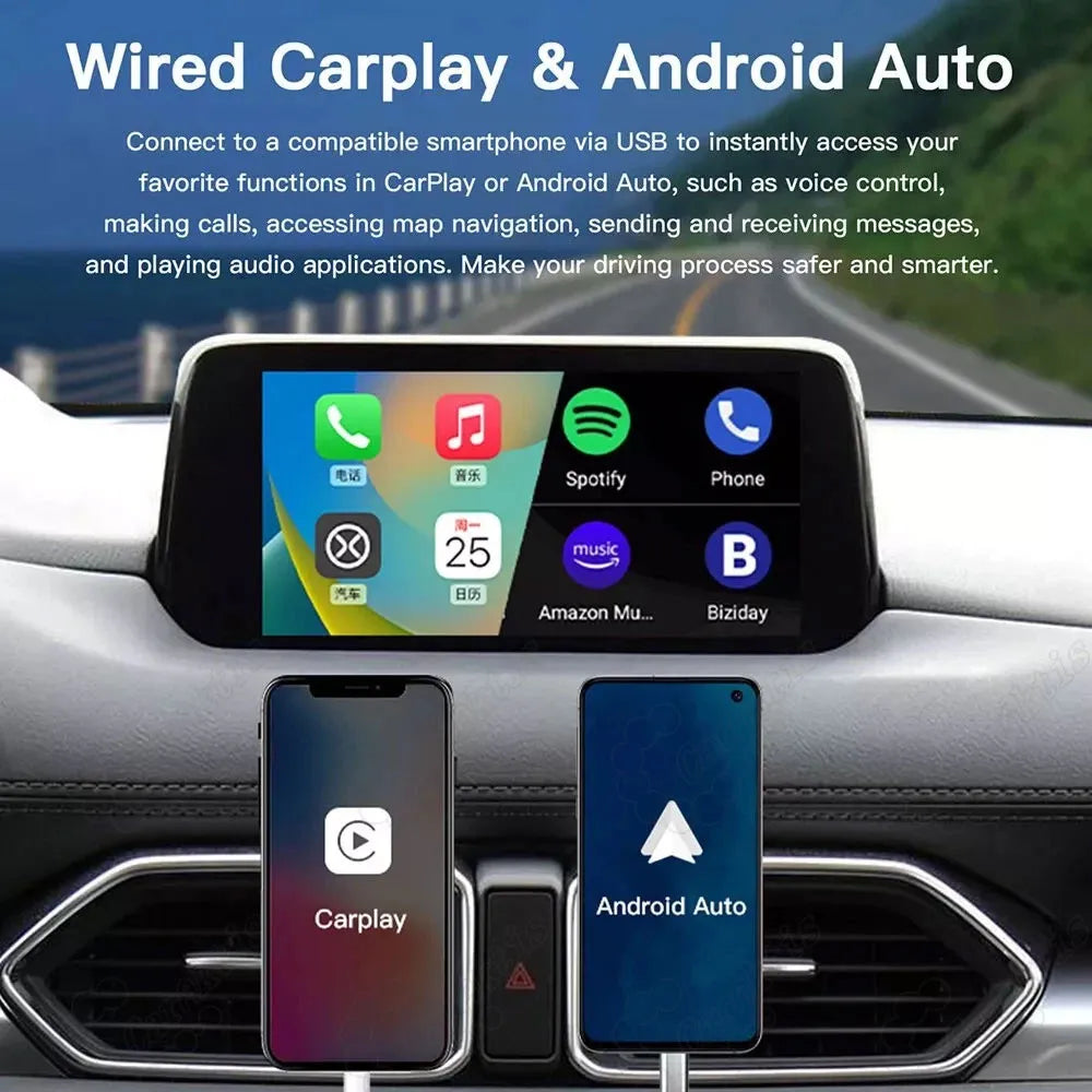 Wired CarPlay and Android Auto interface on a Mazda screen, showing smartphone features like map navigation, messaging, and music apps.