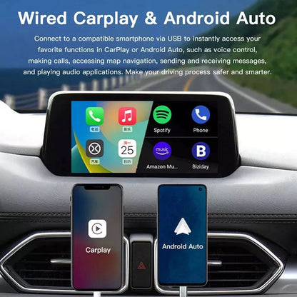 Wired CarPlay and Android Auto interface on a Mazda screen, showing smartphone features like map navigation, messaging, and music apps.