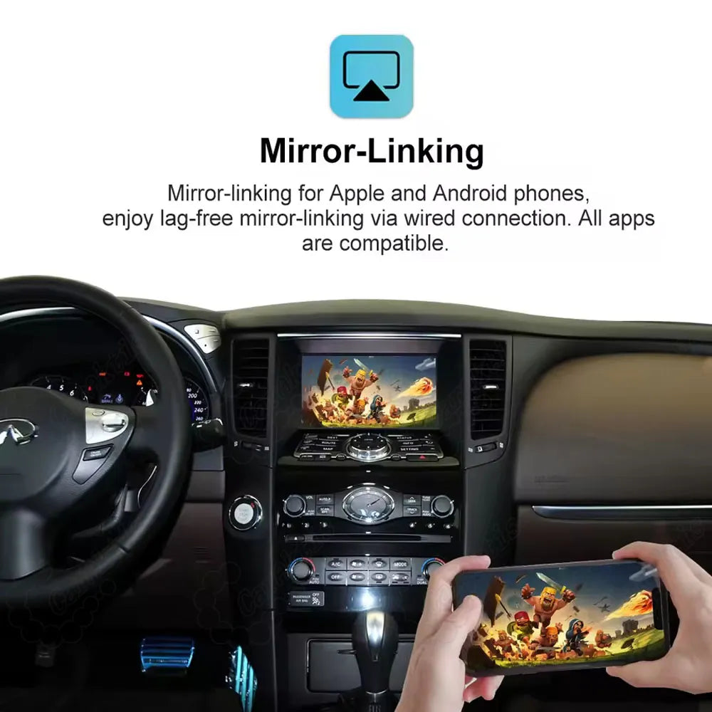 Wired mirror-linking interface for Apple iOS and Android smartphones, showing mobile game screen mirrored onto the car&