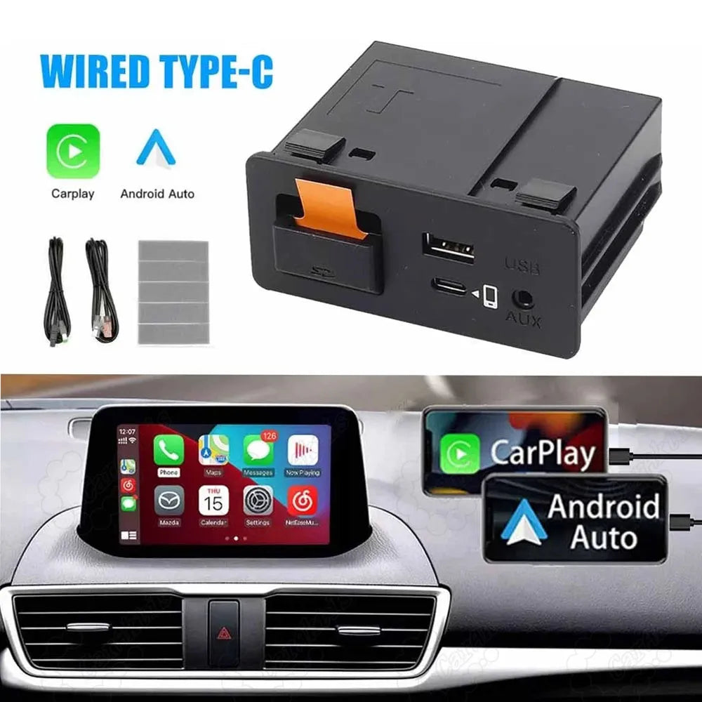 Wired Type-C interface retrofit hub box supporting both Apple CarPlay and Android Auto on Mazda dashboard display.