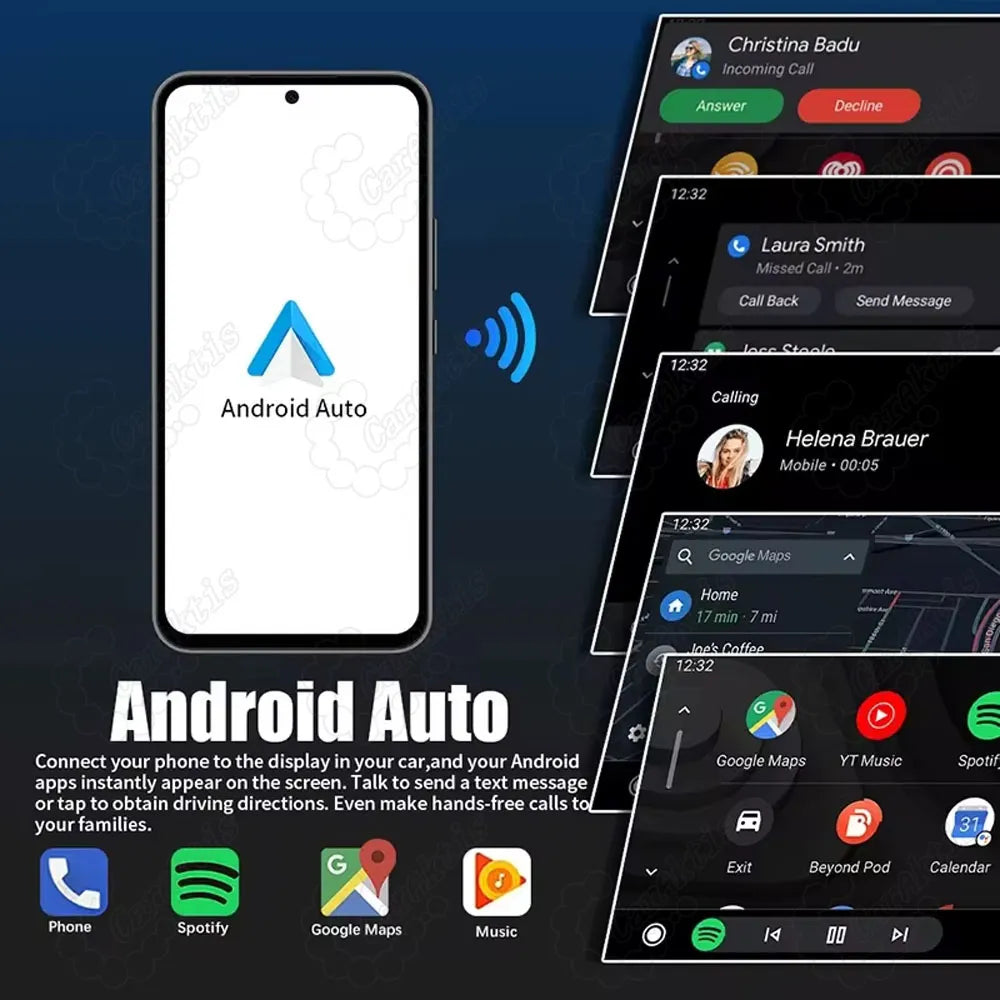 Wireless Android Auto system interface on a car display screen, featuring hands-free calling, Spotify music streaming, and Google Maps navigation.