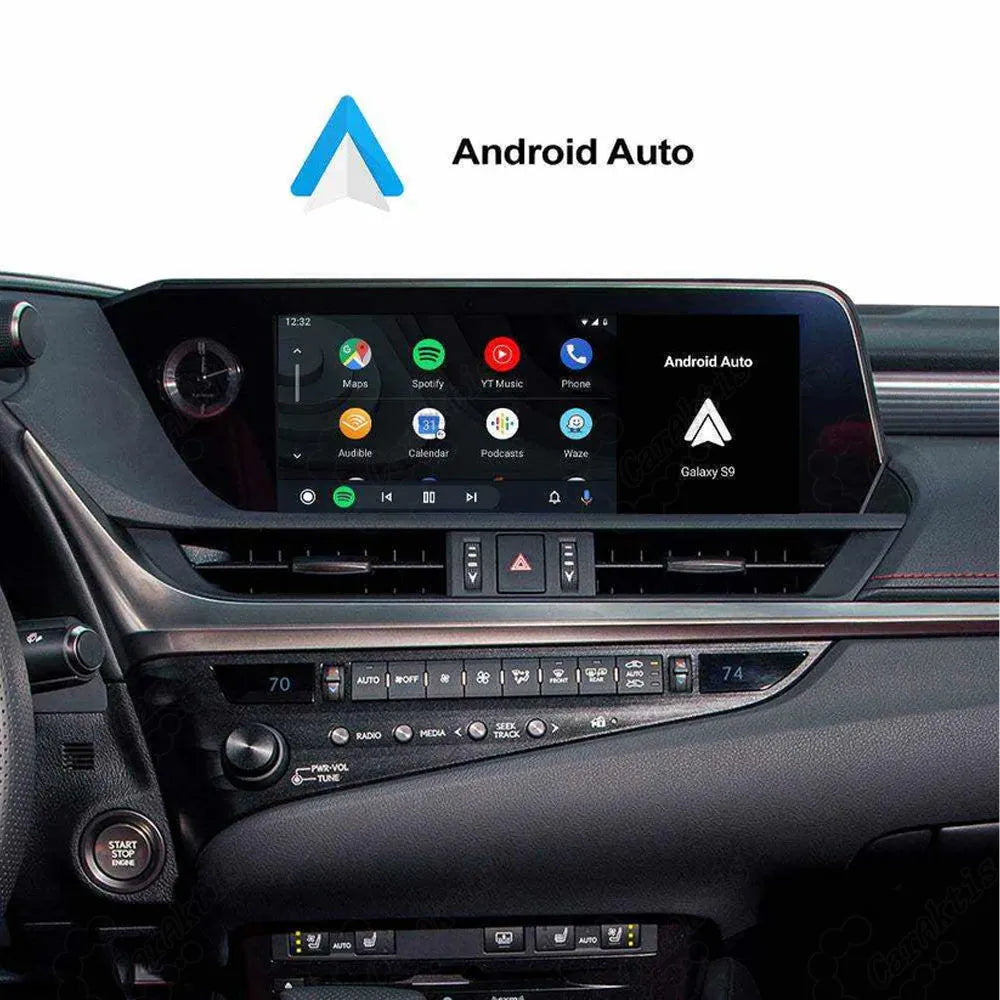 Wireless Android Auto main menu running on a Lexus infotainment screen with apps like Google Maps, Spotify, and YouTube Music.