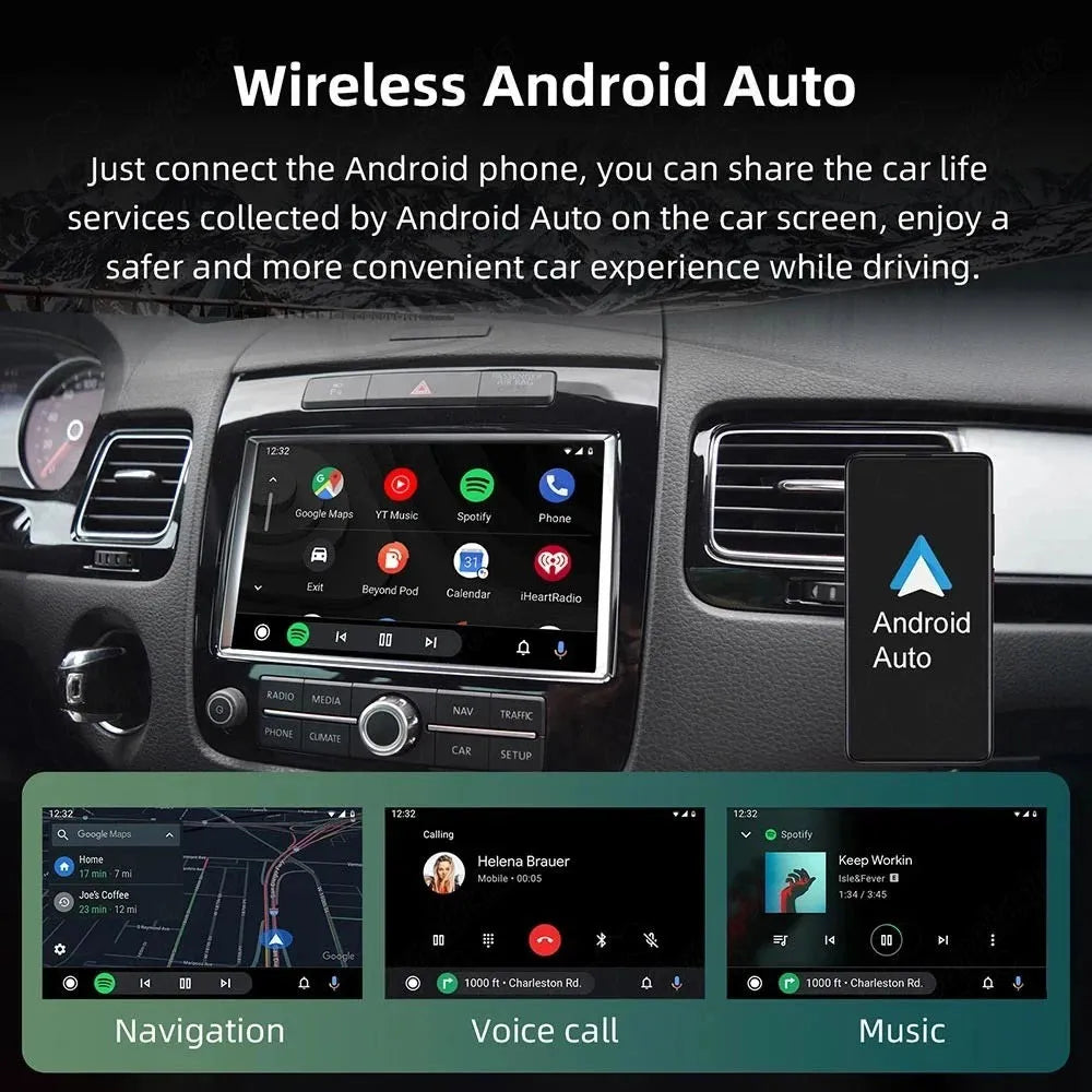 Wireless Android Auto interface on VW Touareg screen showing Google Maps navigation, Spotify music, and voice calling.