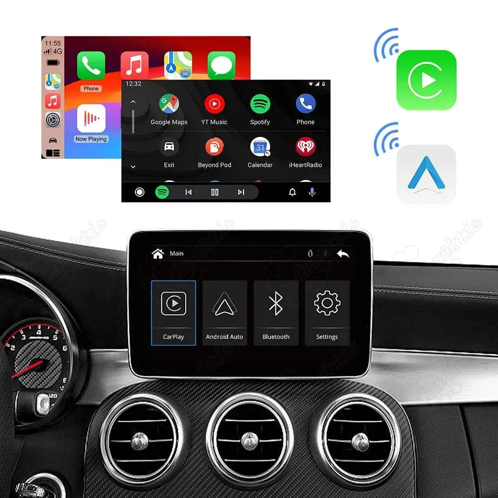 Dashboard display showcasing wireless Apple CarPlay and Android Auto interface running smoothly on a Mercedes Benz screen.