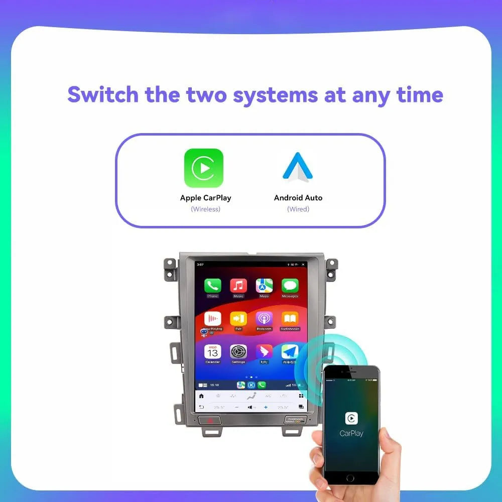 Smart car stereo supporting wireless Apple CarPlay and wired Android Auto phone connectivity.