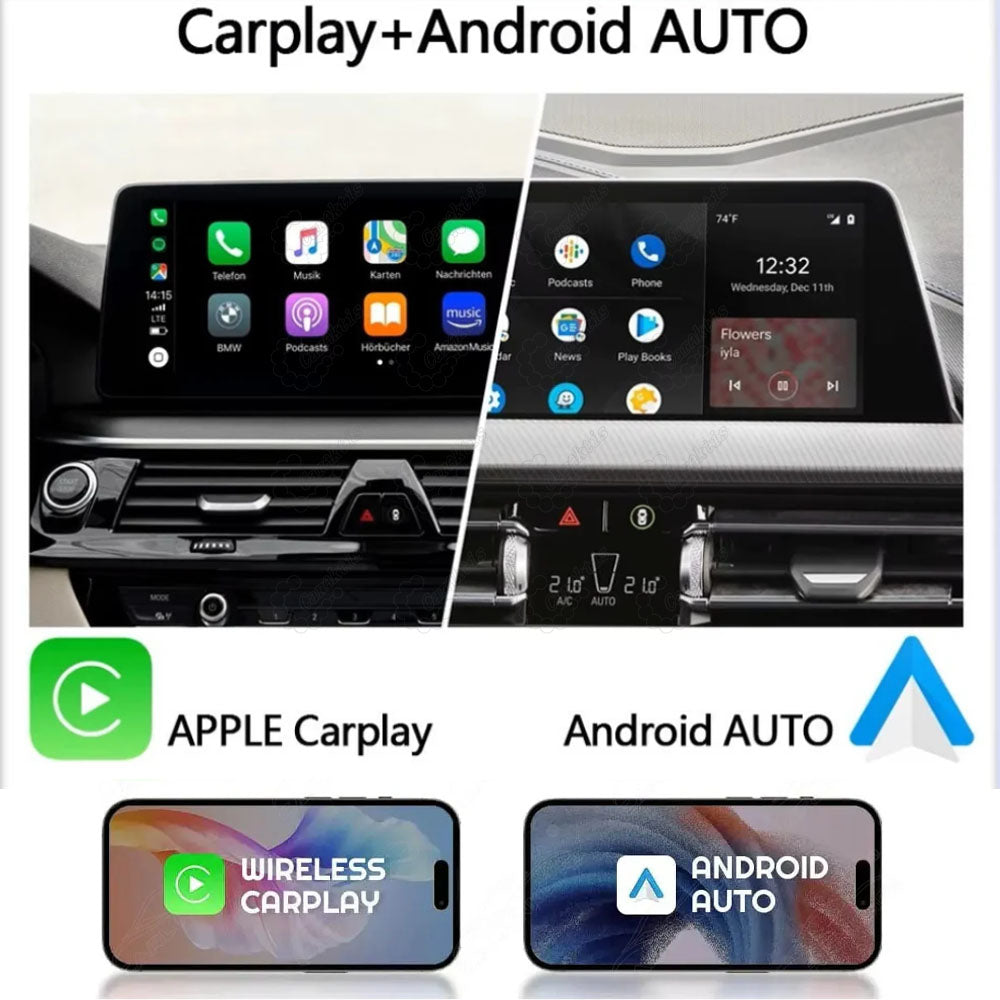 Wireless Apple CarPlay and Android Auto smartphone integration feature on widescreen car multimedia head unit