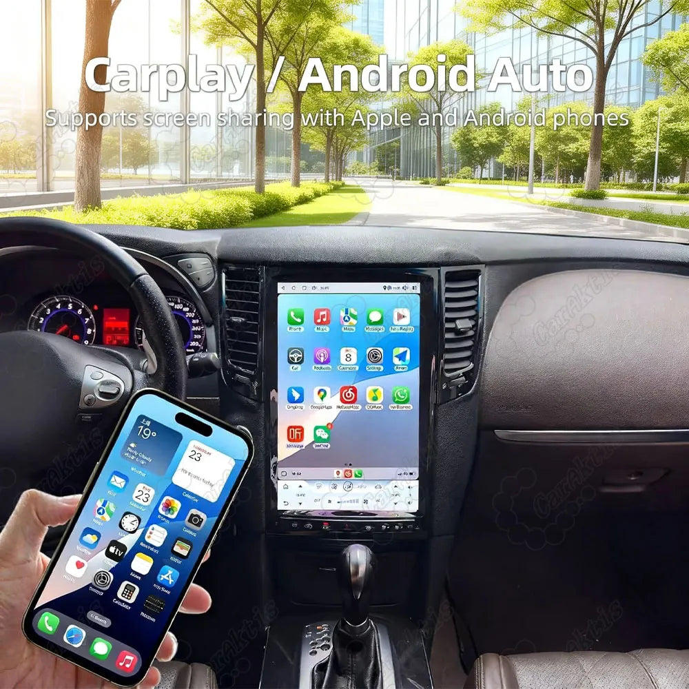 Wireless Apple CarPlay and Android Auto screen sharing on 14.5-inch Tesla-style display for Infiniti FX series.