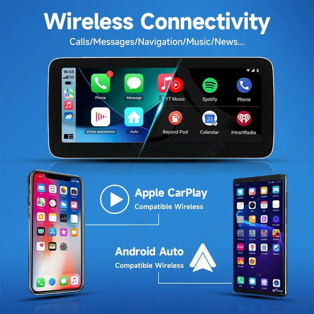 Wireless Apple CarPlay and Wireless Android Auto smartphone integration on 12.3-inch Mercedes-Benz head unit.