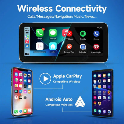 Wireless Apple CarPlay and Wireless Android Auto smartphone integration on 12.3-inch Mercedes-Benz head unit.