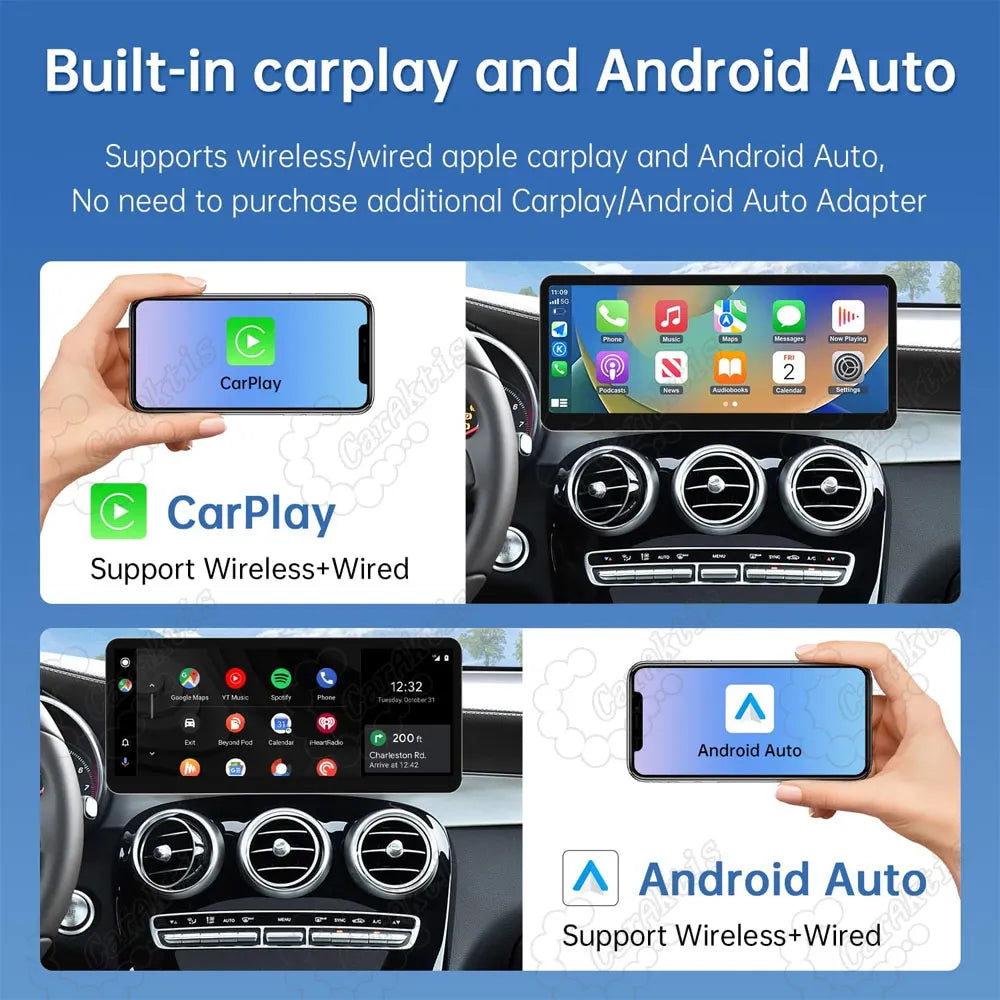 Wireless Apple CarPlay and Android Auto integration shown on a 12.3 inch Mercedes Benz touchscreen upgrade