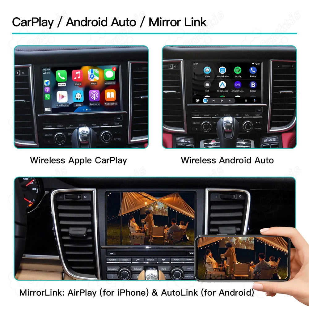 Wireless Apple CarPlay, Android Auto, and MirrorLink screen mirroring via AirPlay and AutoLink on Porsche dashboard.