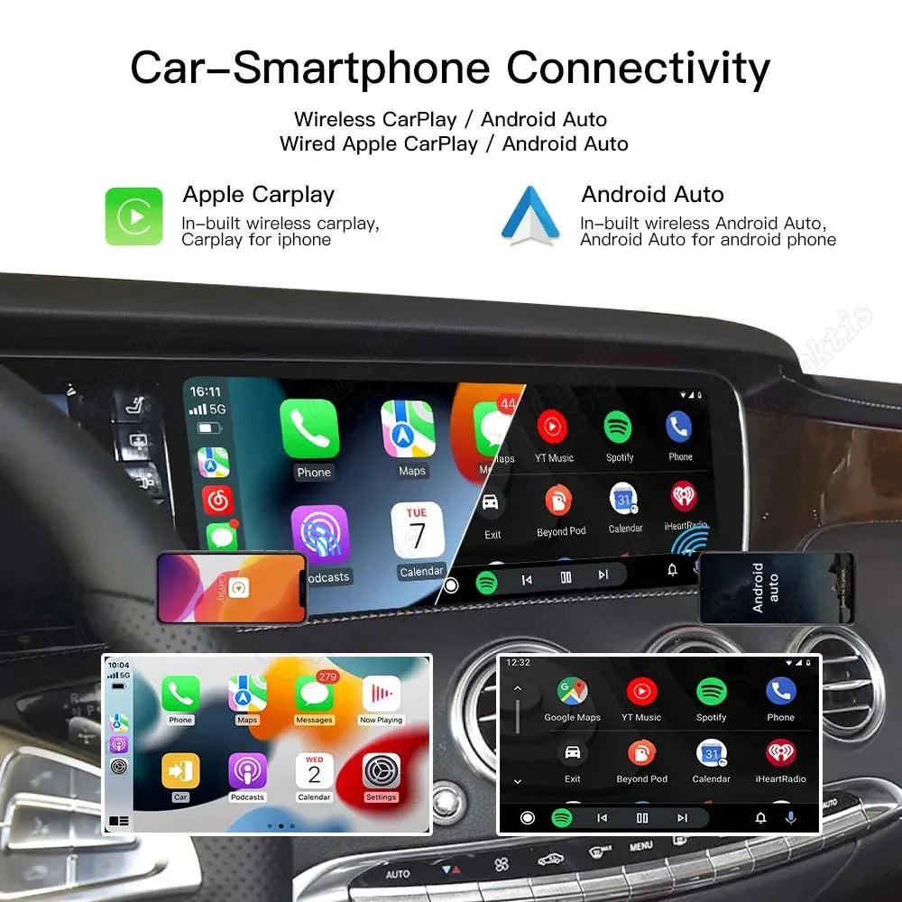 Dashboard graphic illustrating built-in wireless and wired connectivity options for Apple CarPlay and Android Auto on Mercedes wide screen.