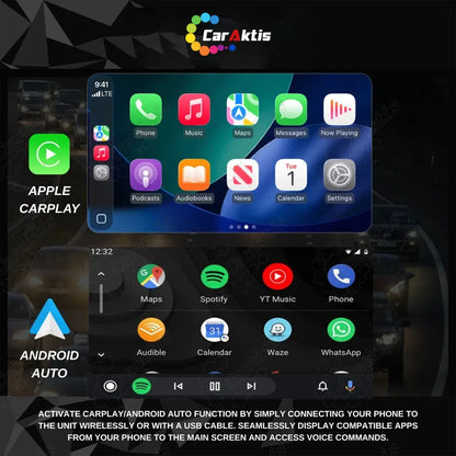 Wireless Apple CarPlay and Android Auto user interface display with navigation and music apps.