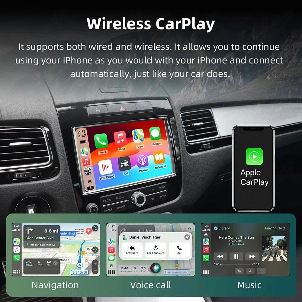 Wireless Apple CarPlay integration for iPhone on Volkswagen Touareg supporting navigation, calls, and Apple Music.